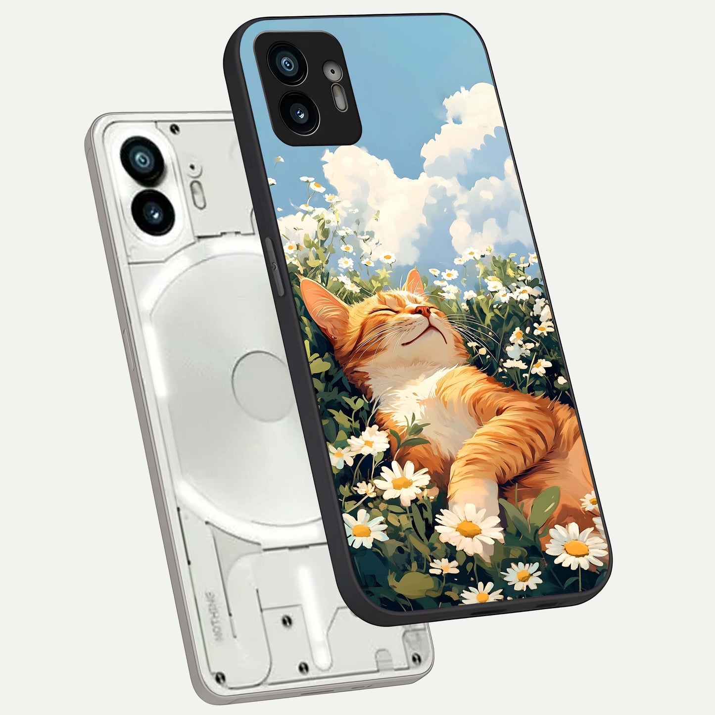 Cat And Flowers View phone case For Nothing Phone 2 showing premium glass back cover with detailed artwork