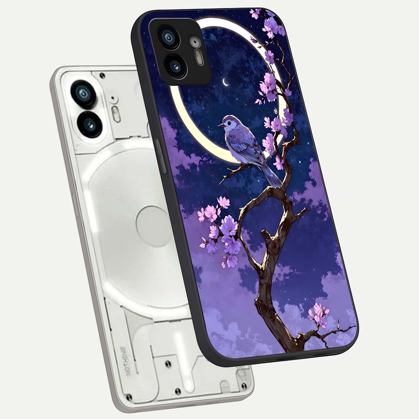  Celestial Bird Blossom phone case For Nothing Phone 2 showing premium glass back cover with detailed artwork