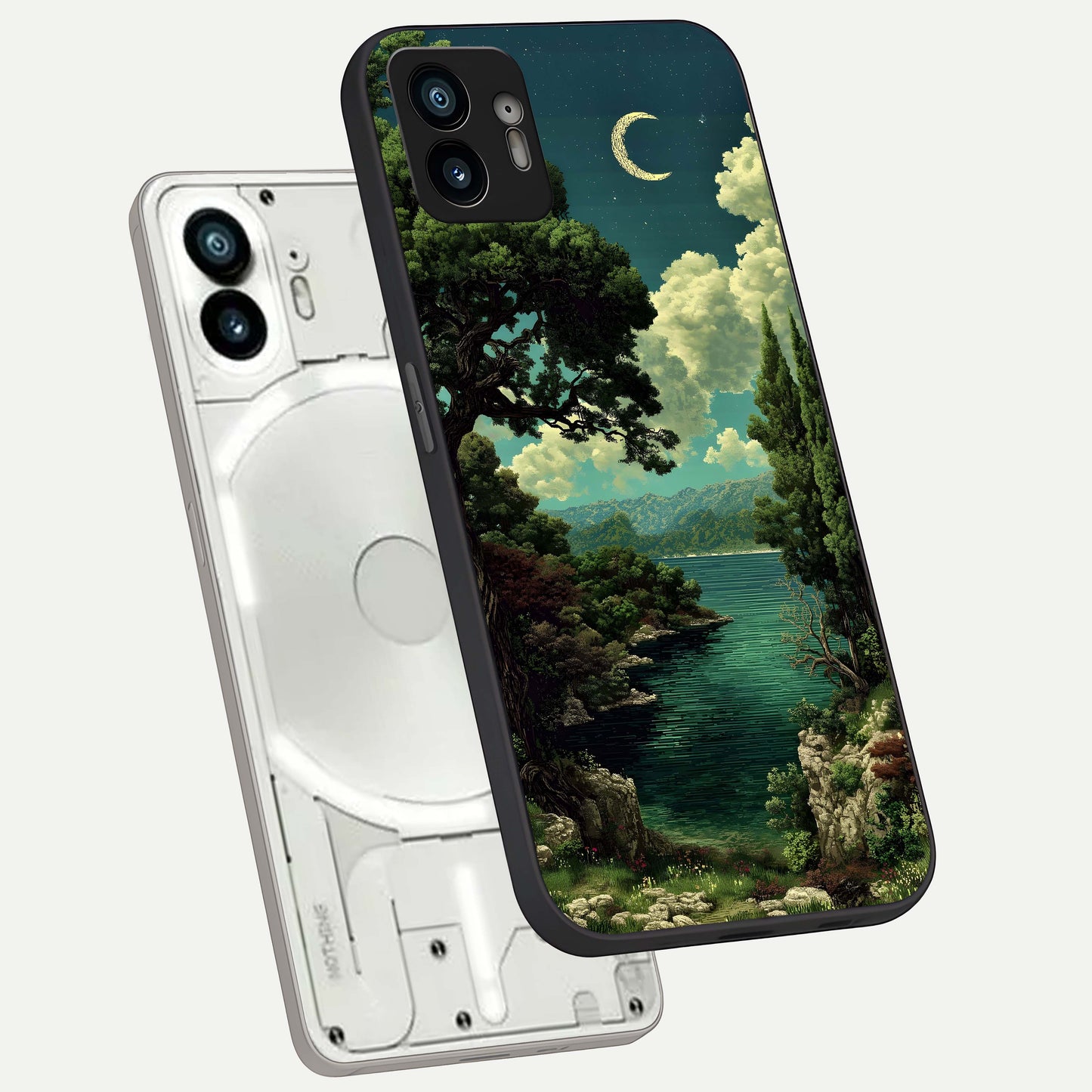  Celestial Lake Peace phone case For Nothing Phone 2 showing premium glass back cover with detailed artwork