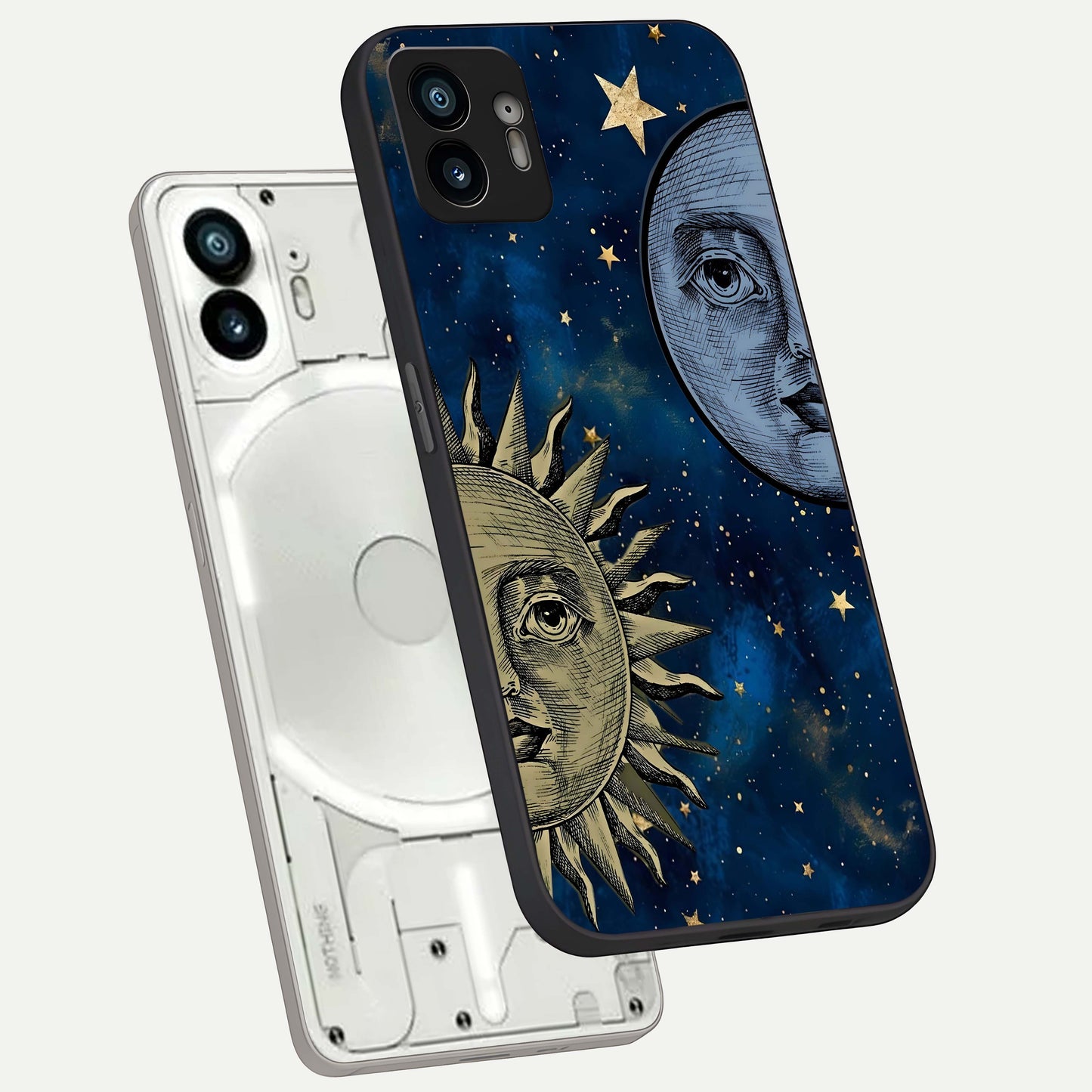  Celestial Moon With Sun phone case For Nothing Phone 2 showing premium glass back cover with detailed artwork