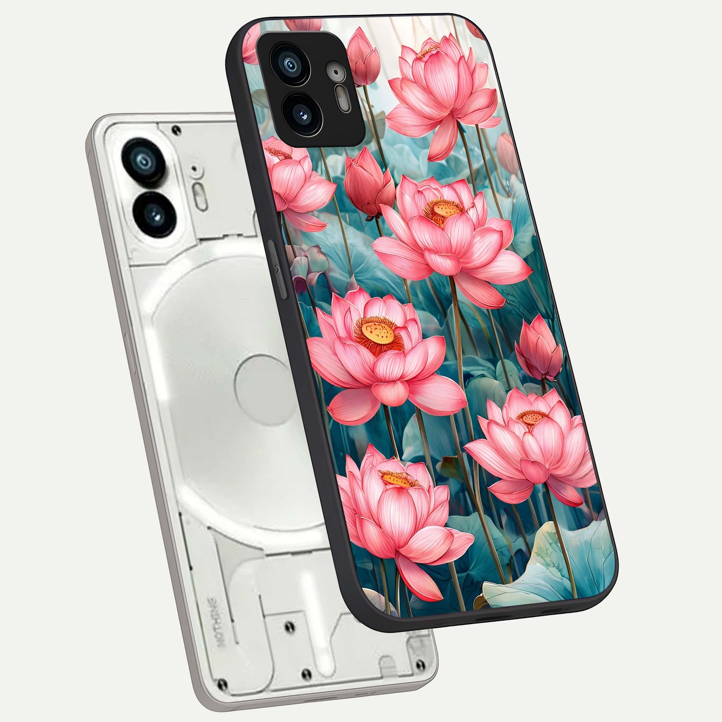  Celestial Pink Lotus phone case For Nothing Phone 2 showing premium glass back cover with detailed artwork