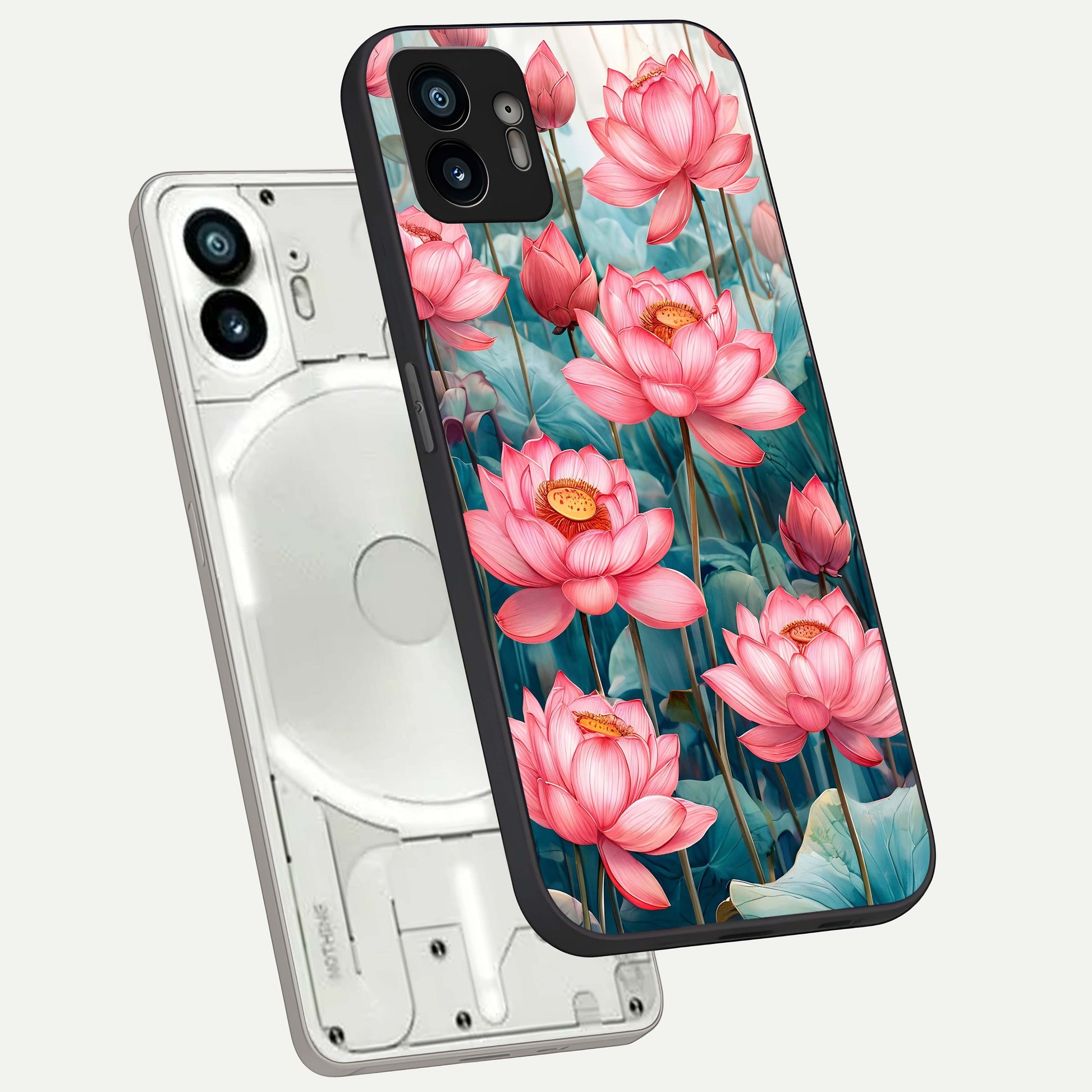  Celestial Pink Lotus phone case For Nothing Phone 2 showing premium glass back cover with detailed artwork
