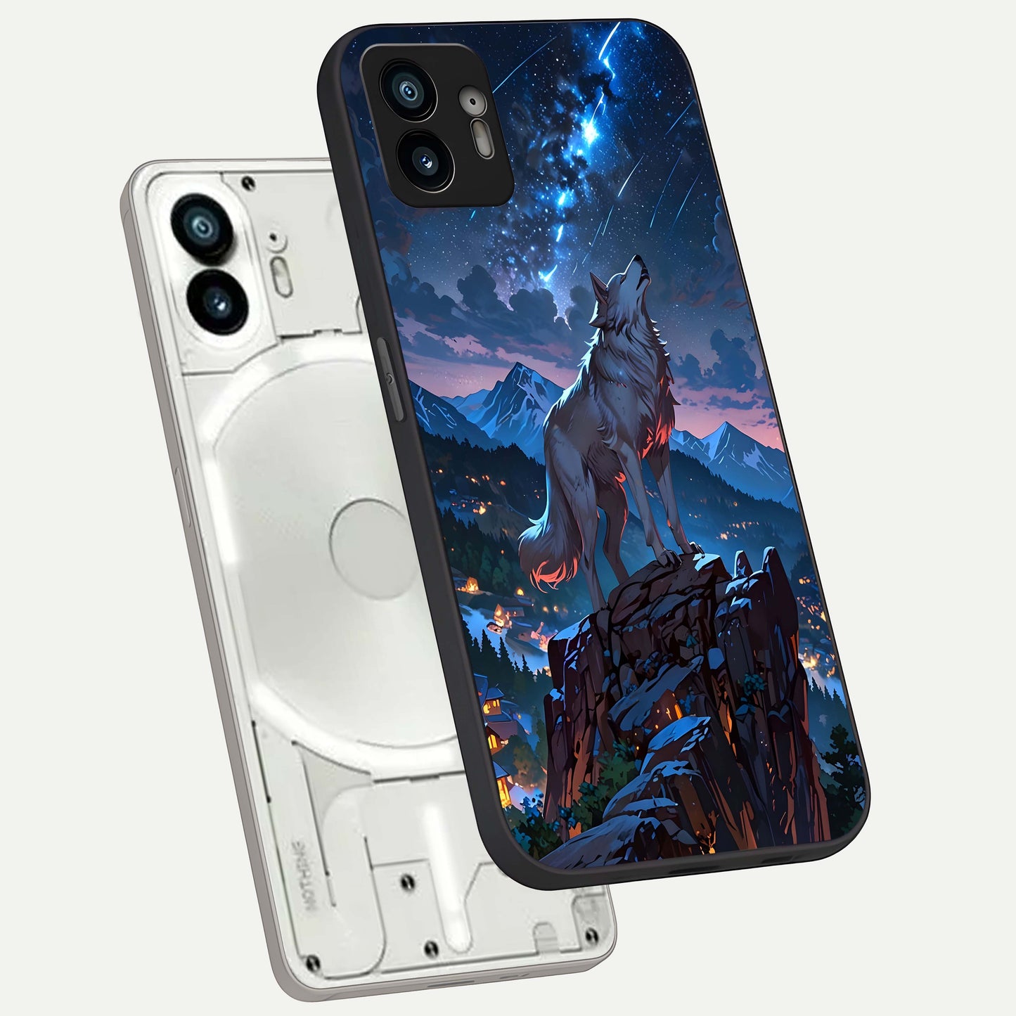  Celestial Wolf Howl phone case For Nothing Phone 2 showing premium glass back cover with detailed artwork