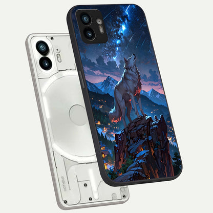  Celestial Wolf Howl phone case For Nothing Phone 2 showing premium glass back cover with detailed artwork
