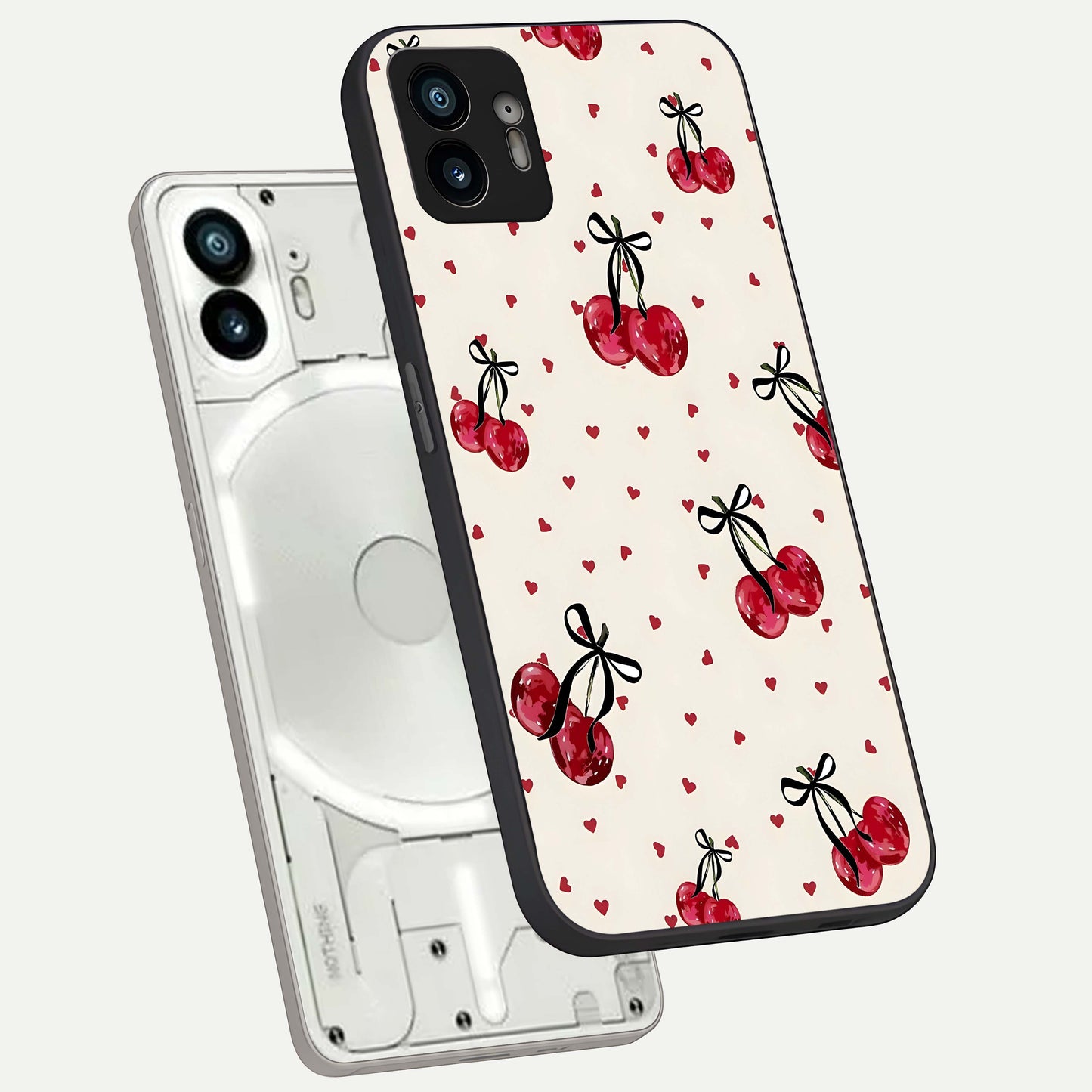  Cherry Heart Bow phone case For Nothing Phone 2 showing premium glass back cover with detailed artwork