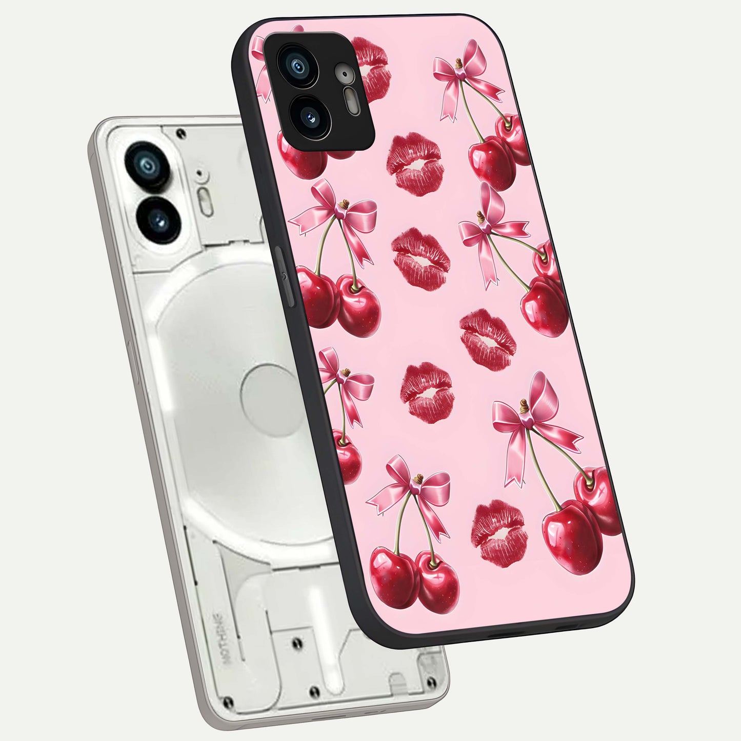  Cherry With Lips phone case For Nothing Phone 2 showing premium glass back cover with detailed artwork