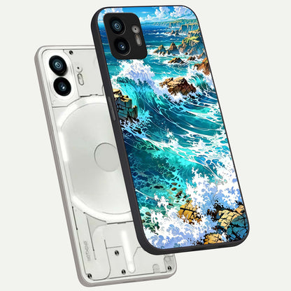  Coastal Blue Waves phone case For Nothing Phone 2 showing premium glass back cover with detailed artwork