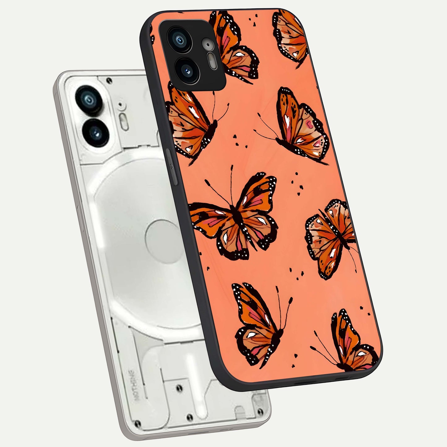  Coral Wing Butterfly phone case For Nothing Phone 2 showing premium glass back cover with detailed artwork