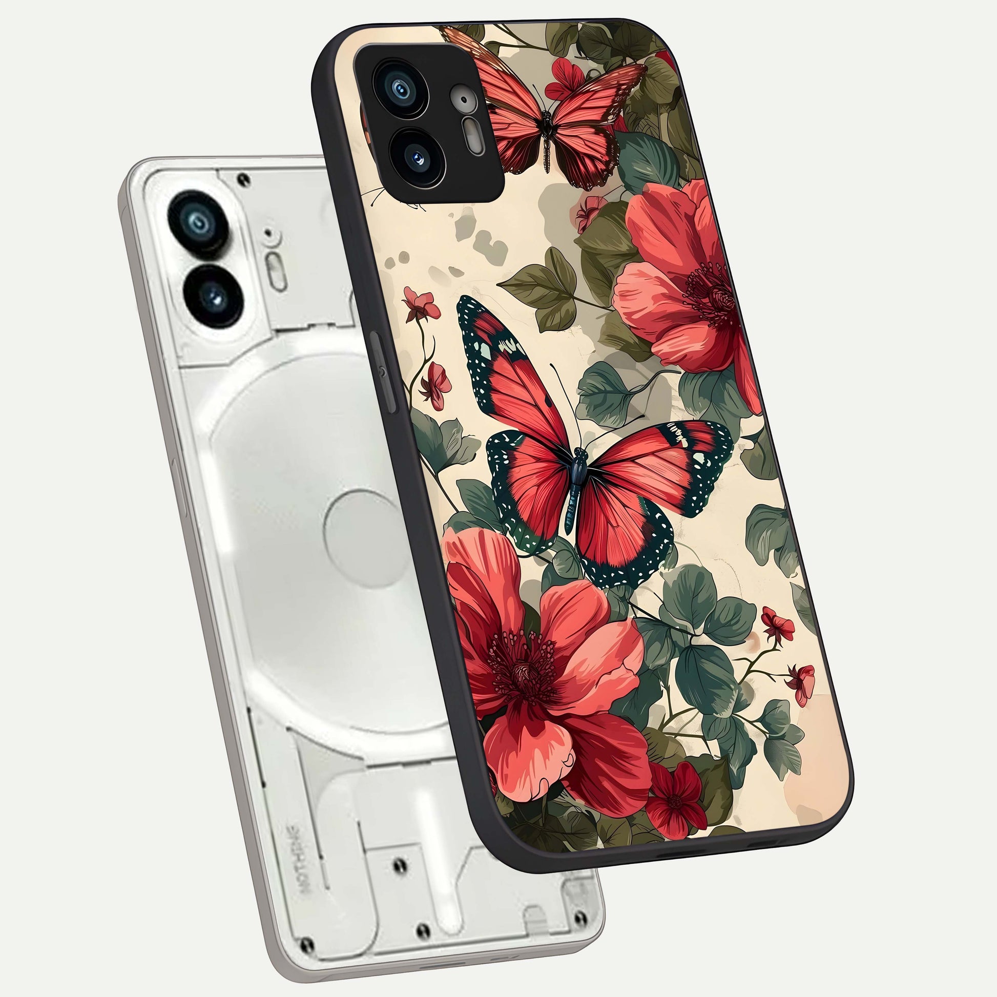  Crimson Butterfly Garden phone case For Nothing Phone 2 showing premium glass back cover with detailed artwork