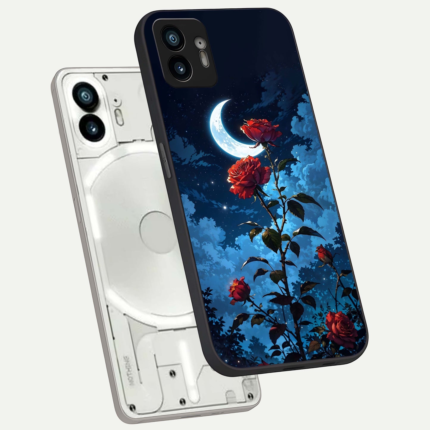  Crimson Rose Moon phone case For Nothing Phone 2 showing premium glass back cover with detailed artwork