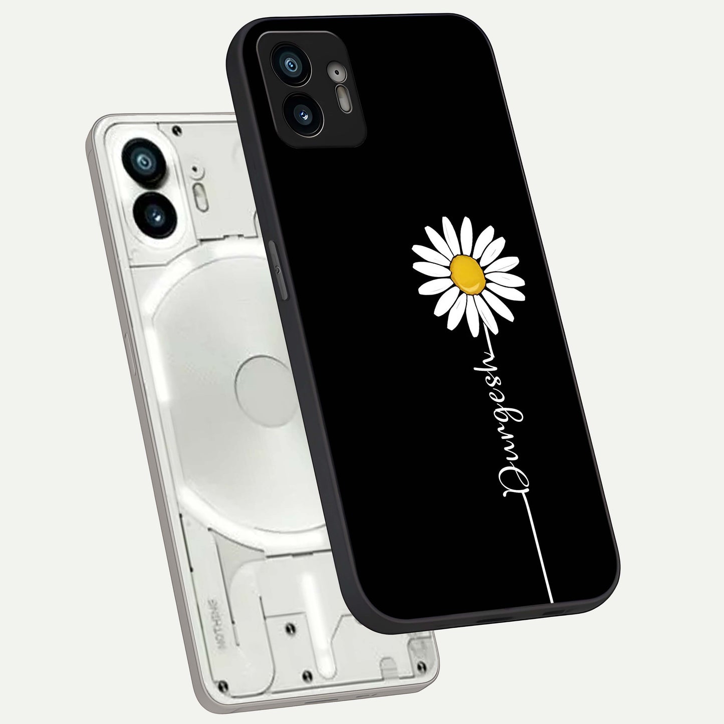  Custom Name White Flower phone case For Nothing Phone 2 showing premium glass back cover with detailed artwork