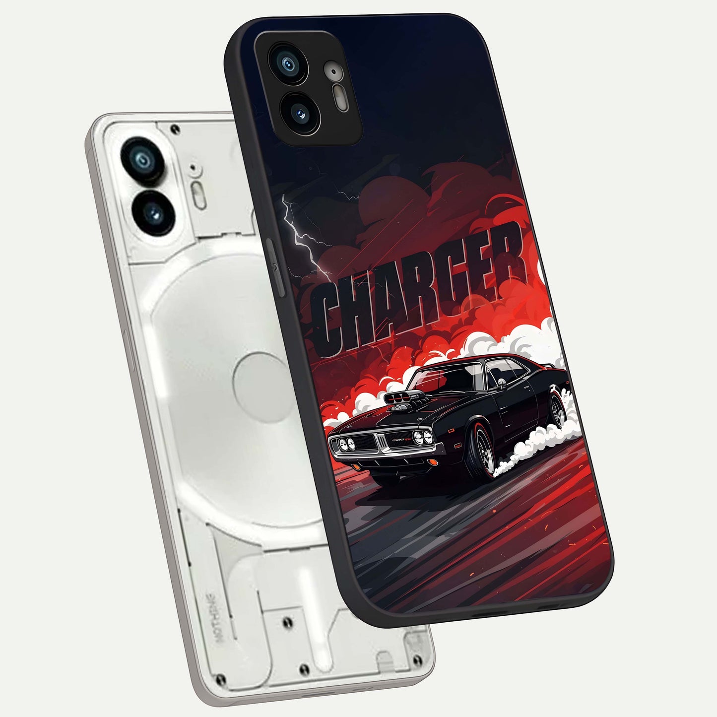  Dark Charger Fury phone case For Nothing Phone 2 showing premium glass back cover with detailed artwork