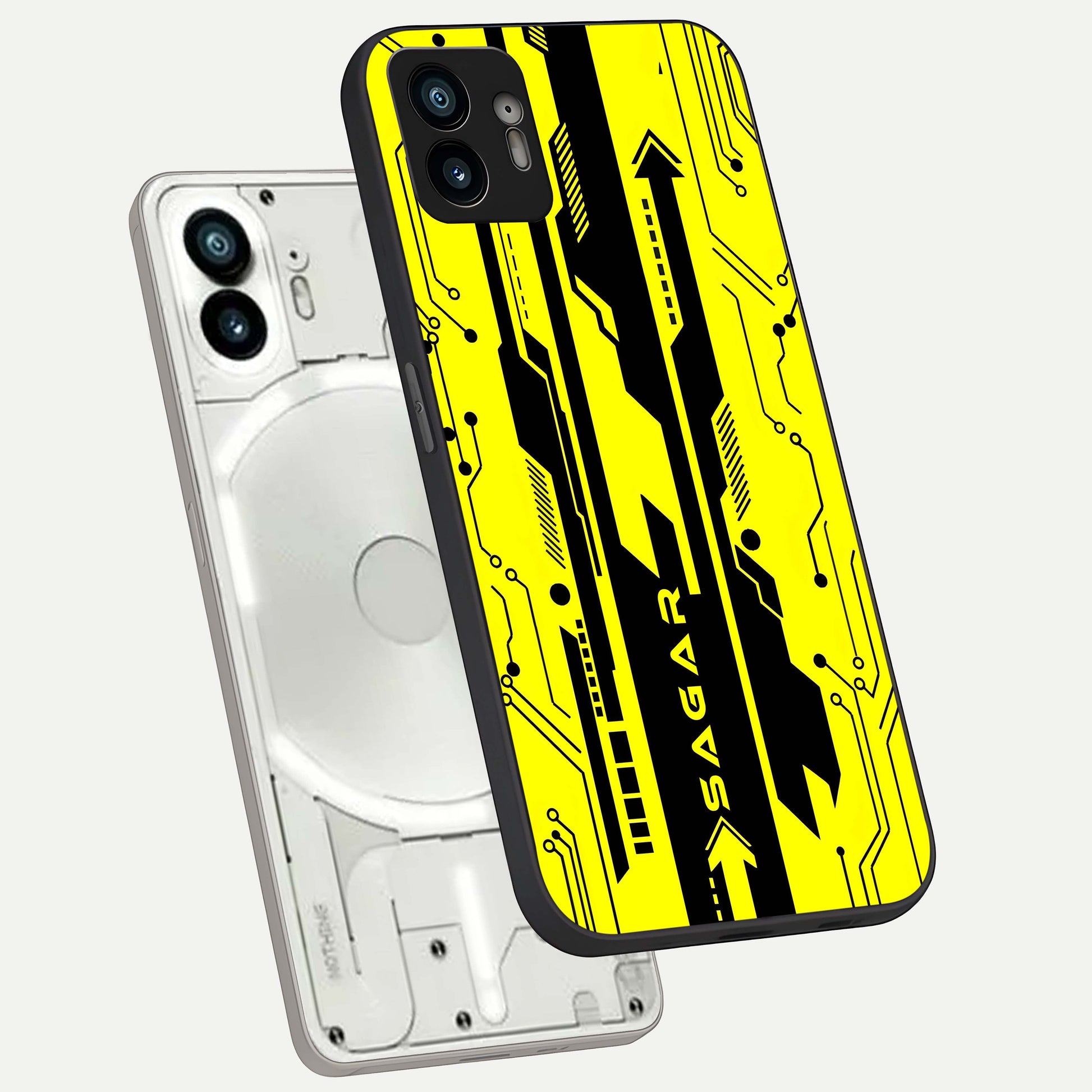  Electric Pulse CYBERPUNK Custom Name phone case For Nothing Phone 2 showing premium glass back cover with detailed artwork