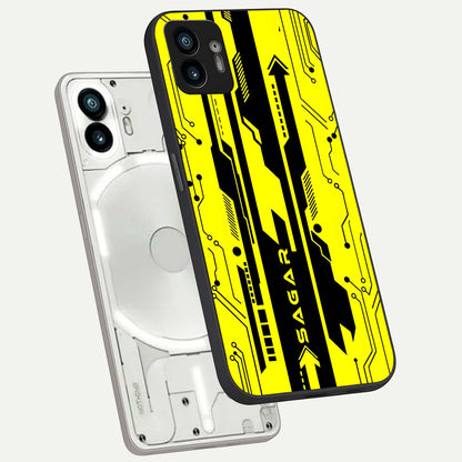  Electric Pulse CYBERPUNK Custom Name phone case For Nothing Phone 2 showing premium glass back cover with detailed artwork