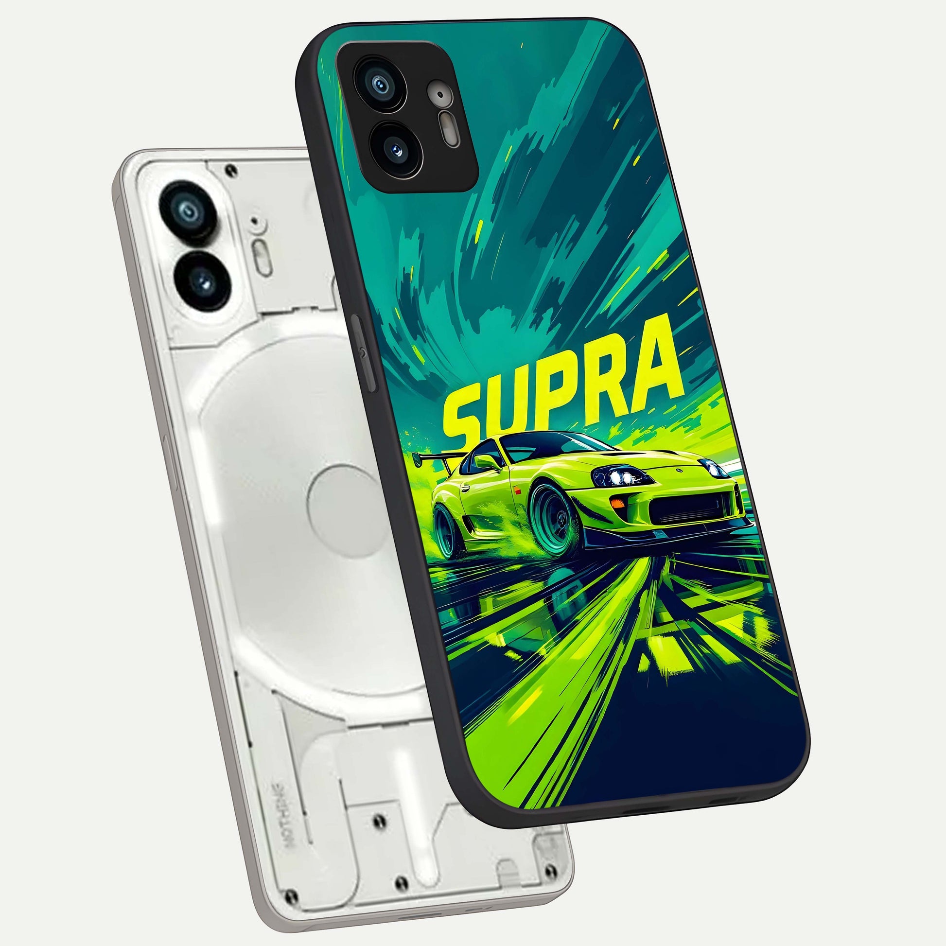  Electric Supra Thunder phone case For Nothing Phone 2 showing premium glass back cover with detailed artwork