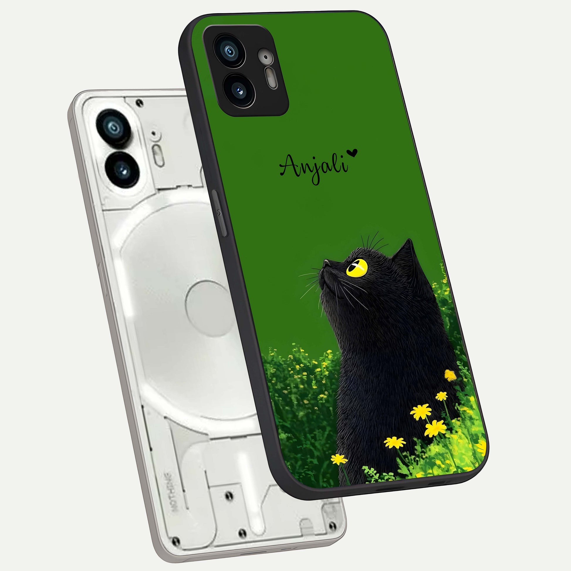  Emerald Cat Custom Name phone case For Nothing Phone 2 showing premium glass back cover with detailed artwork