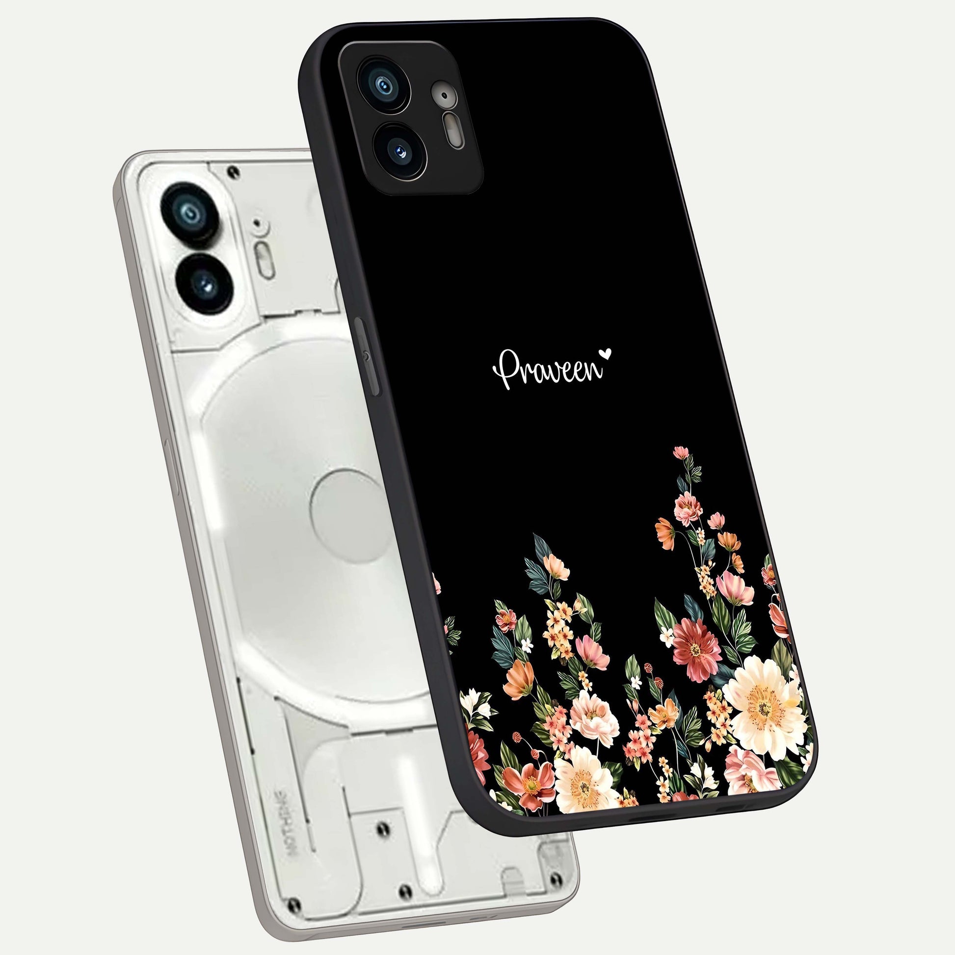  Floral Design Personalized Custom Name phone case For Nothing Phone 2 showing premium glass back cover with detailed artwork