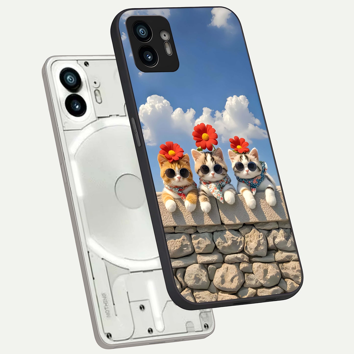  Floral Kitty Squad phone case For Nothing Phone 2 showing premium glass back cover with detailed artwork