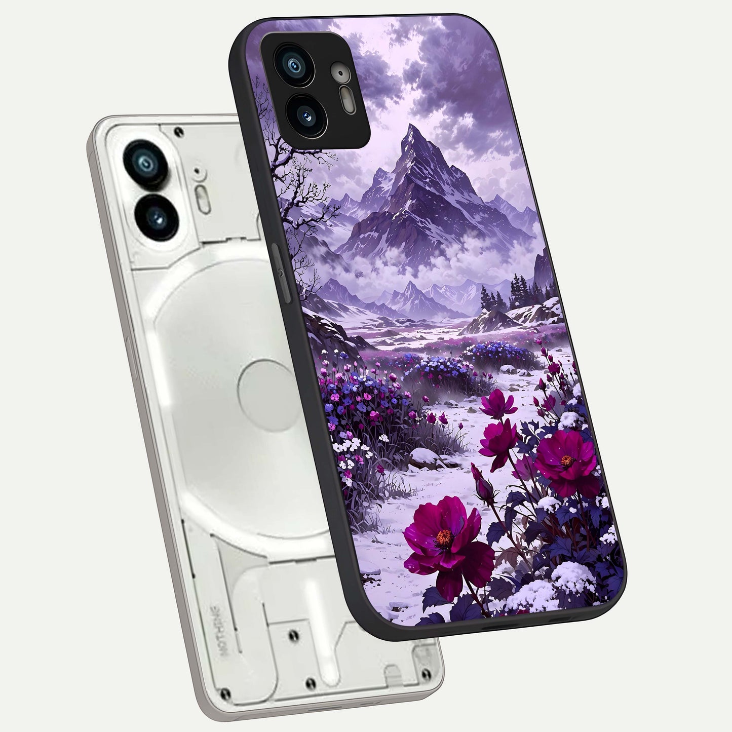  Flower Mountain View phone case For Nothing Phone 2 showing premium glass back cover with detailed artwork