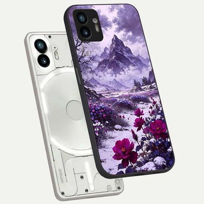  Flower Mountain View phone case For Nothing Phone 2 showing premium glass back cover with detailed artwork