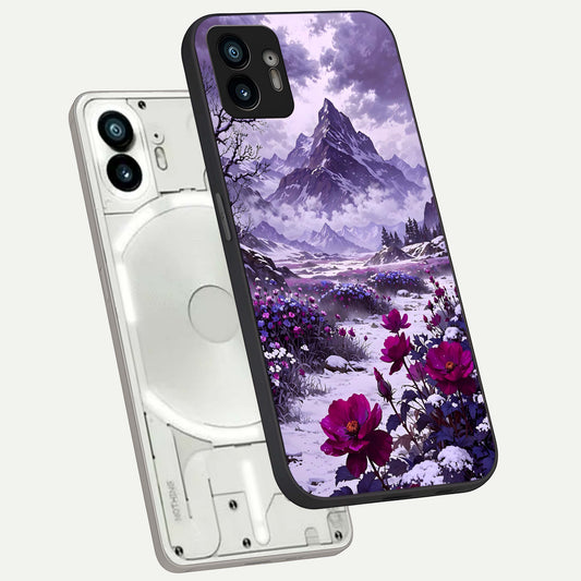  Flower Mountain View phone case For Nothing Phone 2 showing premium glass back cover with detailed artwork