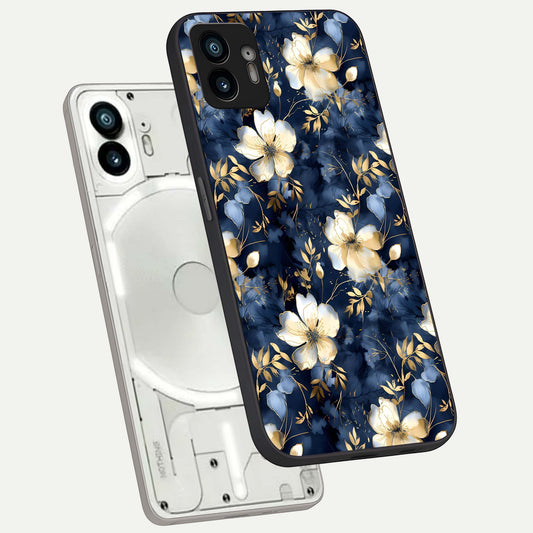  Golden Midnight Bloom phone case For Nothing Phone 2 showing premium glass back cover with detailed artwork