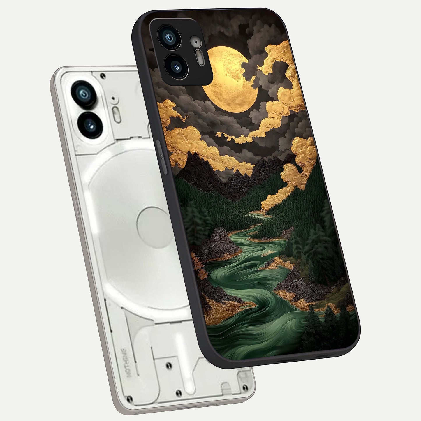  Golden River Moon phone case For Nothing Phone 2 showing premium glass back cover with detailed artwork