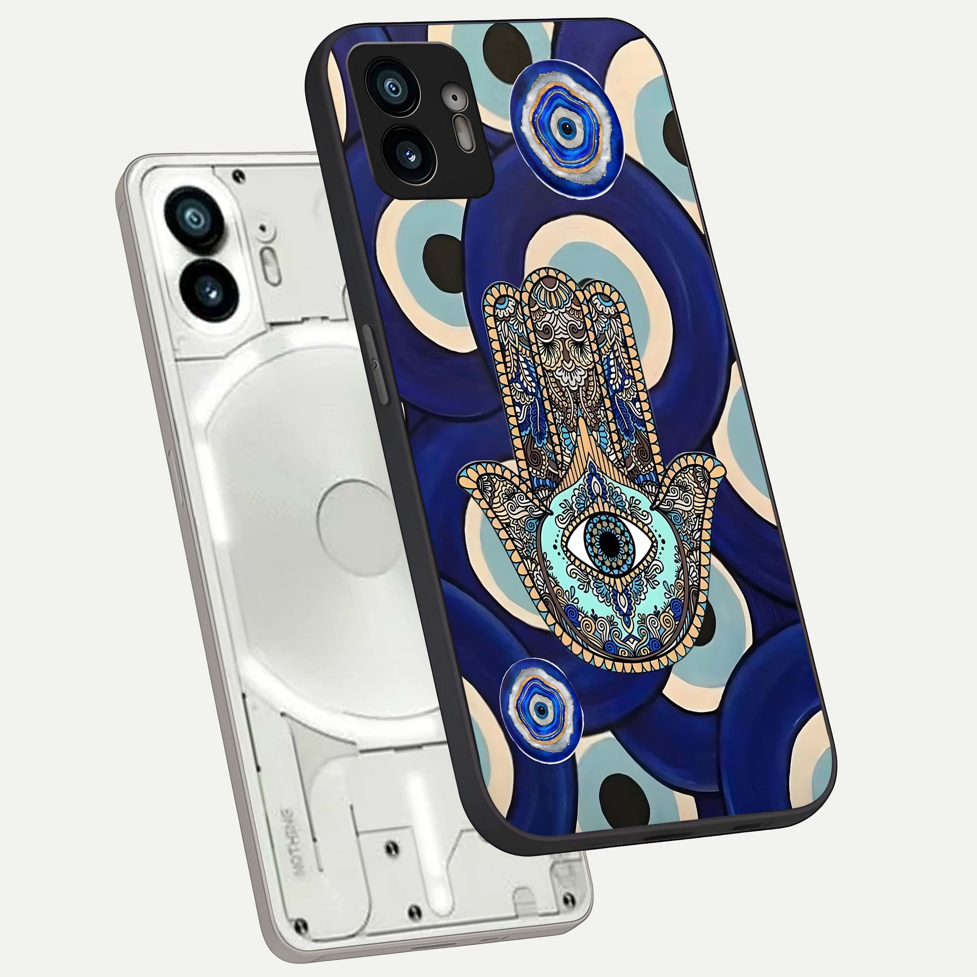  Hamsa Divine Guard phone case For Nothing Phone 2 showing premium glass back cover with detailed artwork