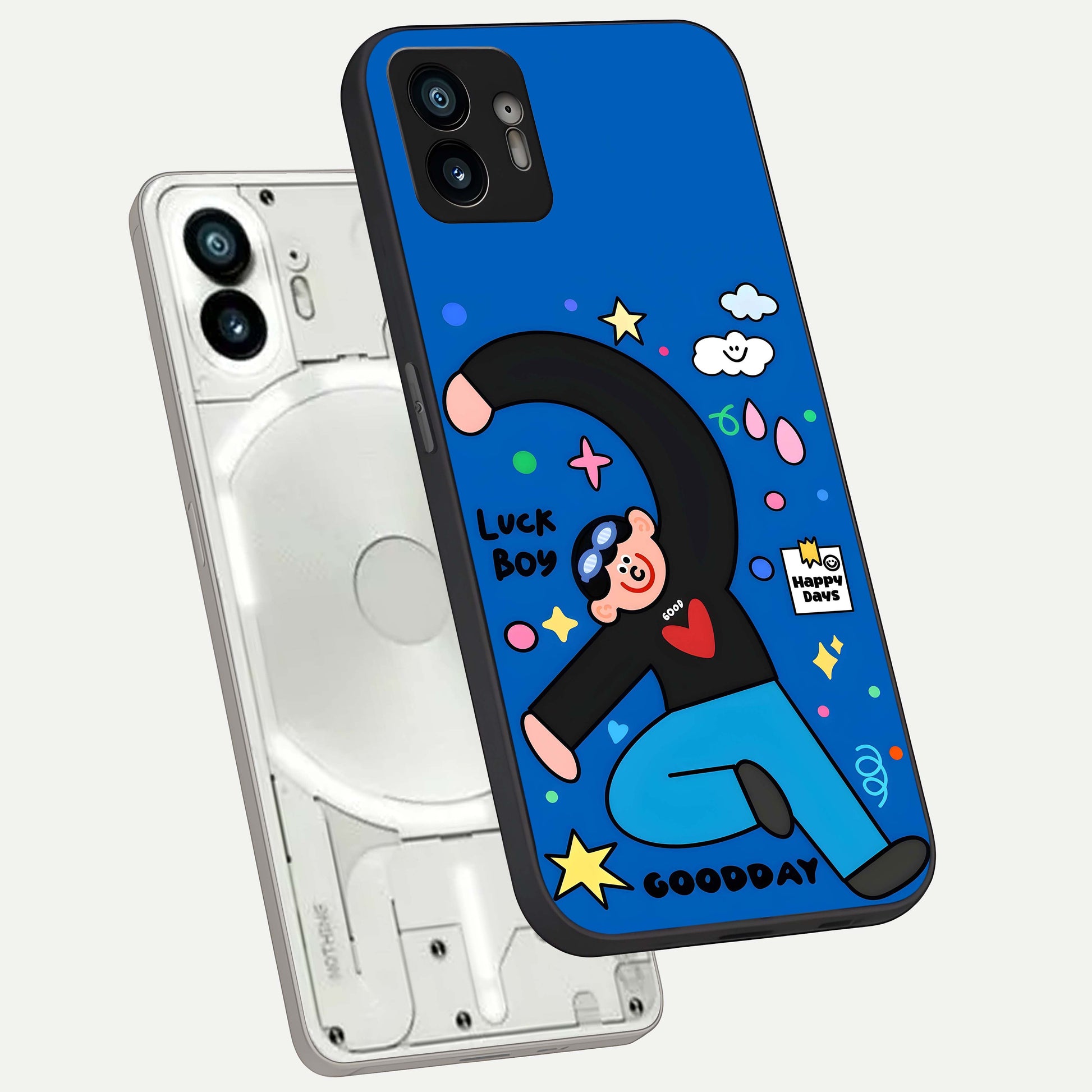  Happy Luck Vibe phone case For Nothing Phone 2 showing premium glass back cover with detailed artwork