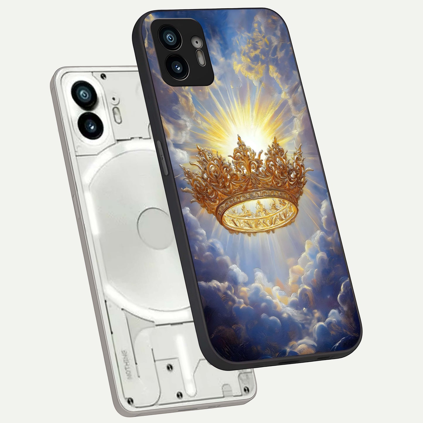  Heavenly Crown Light phone case For Nothing Phone 2 showing premium glass back cover with detailed artwork