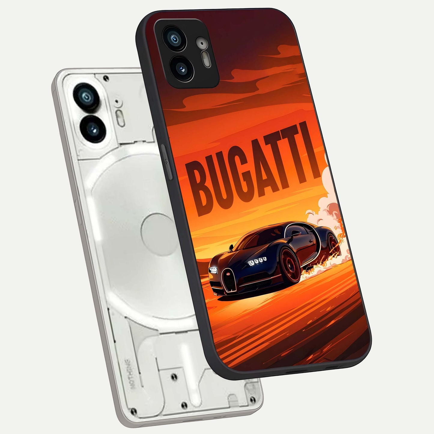  Inferno Bugatti Storm phone case For Nothing Phone 2 showing premium glass back cover with detailed artwork