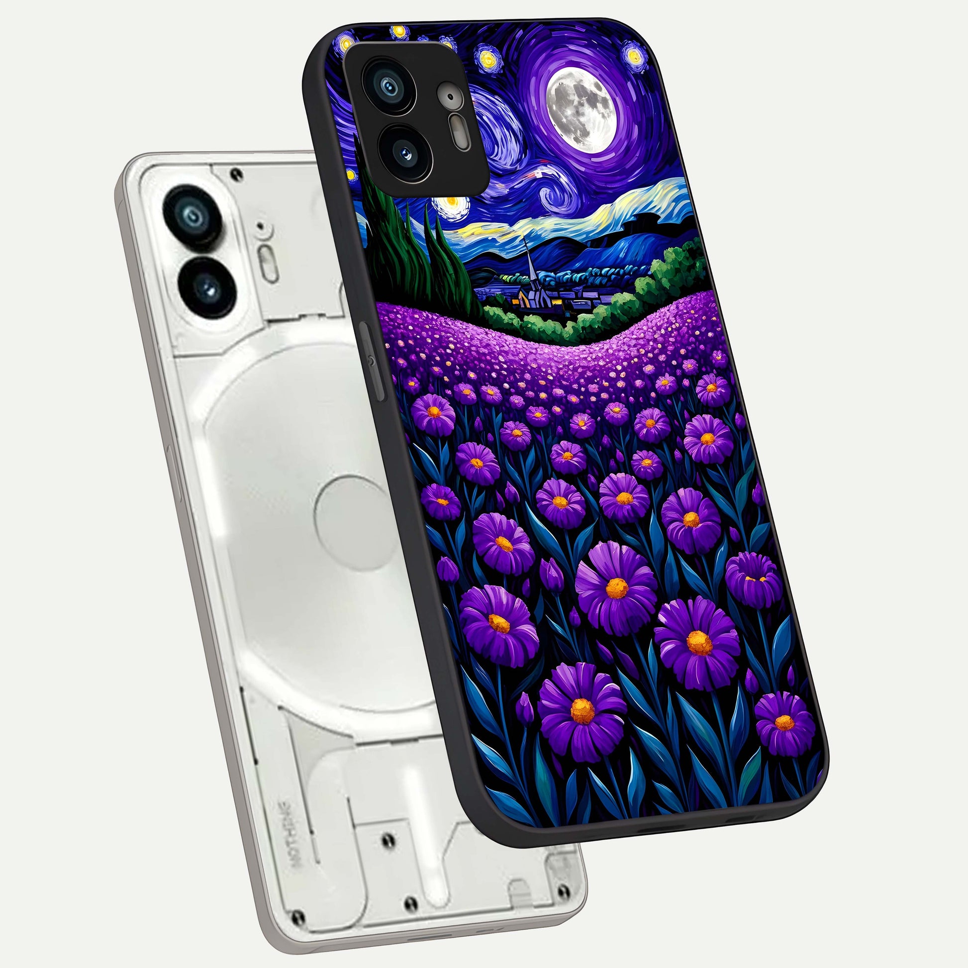  Lavender Moon Field phone case For Nothing Phone 2 showing premium glass back cover with detailed artwork