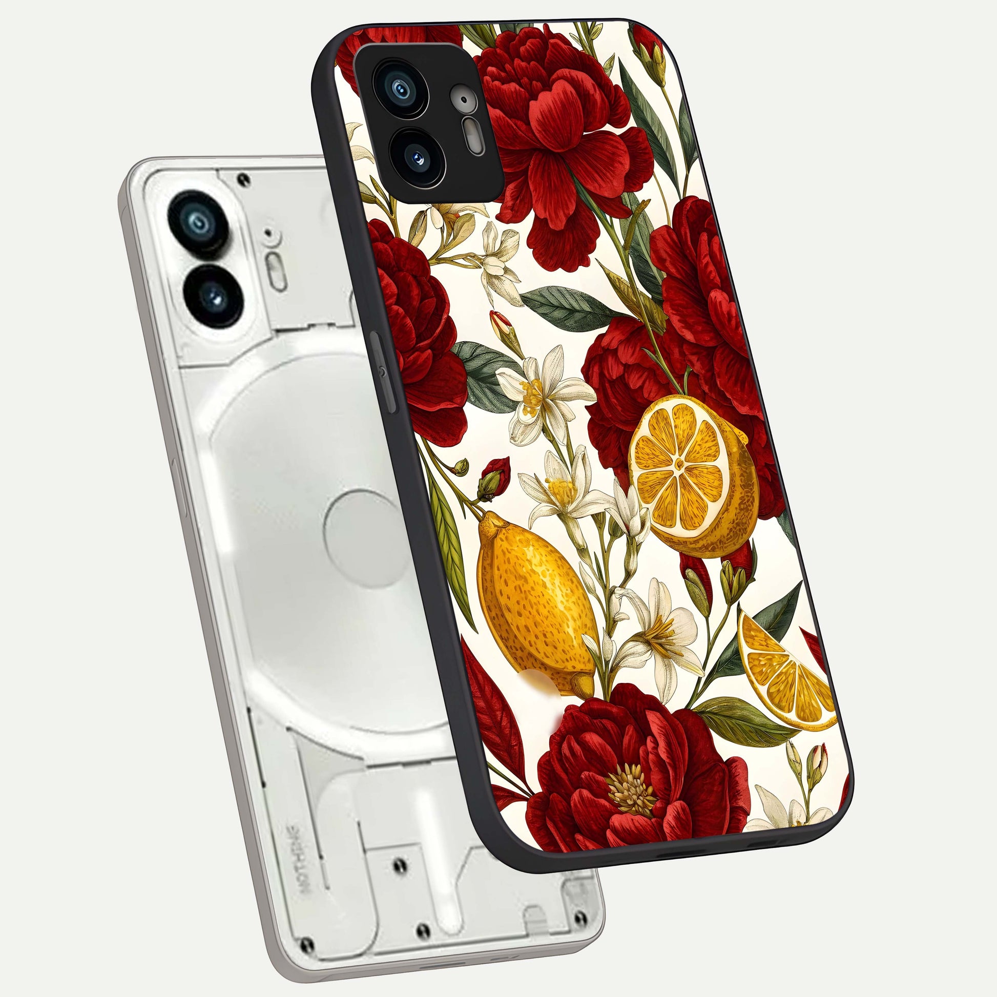  Lemon Rose Charm phone case For Nothing Phone 2 showing premium glass back cover with detailed artwork