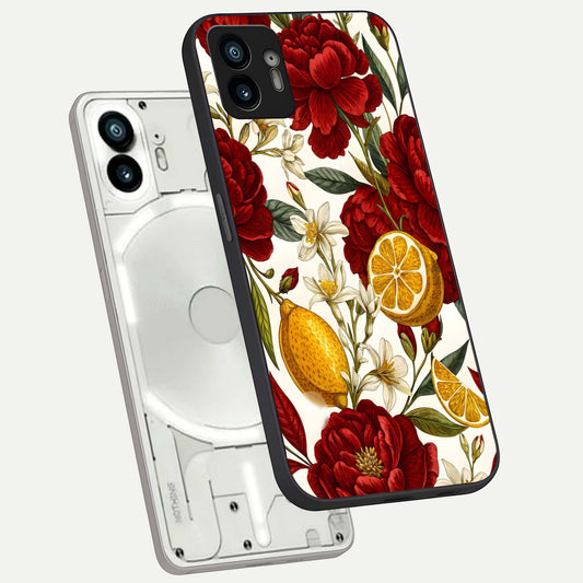  Lemon Rose Charm phone case For Nothing Phone 2 showing premium glass back cover with detailed artwork