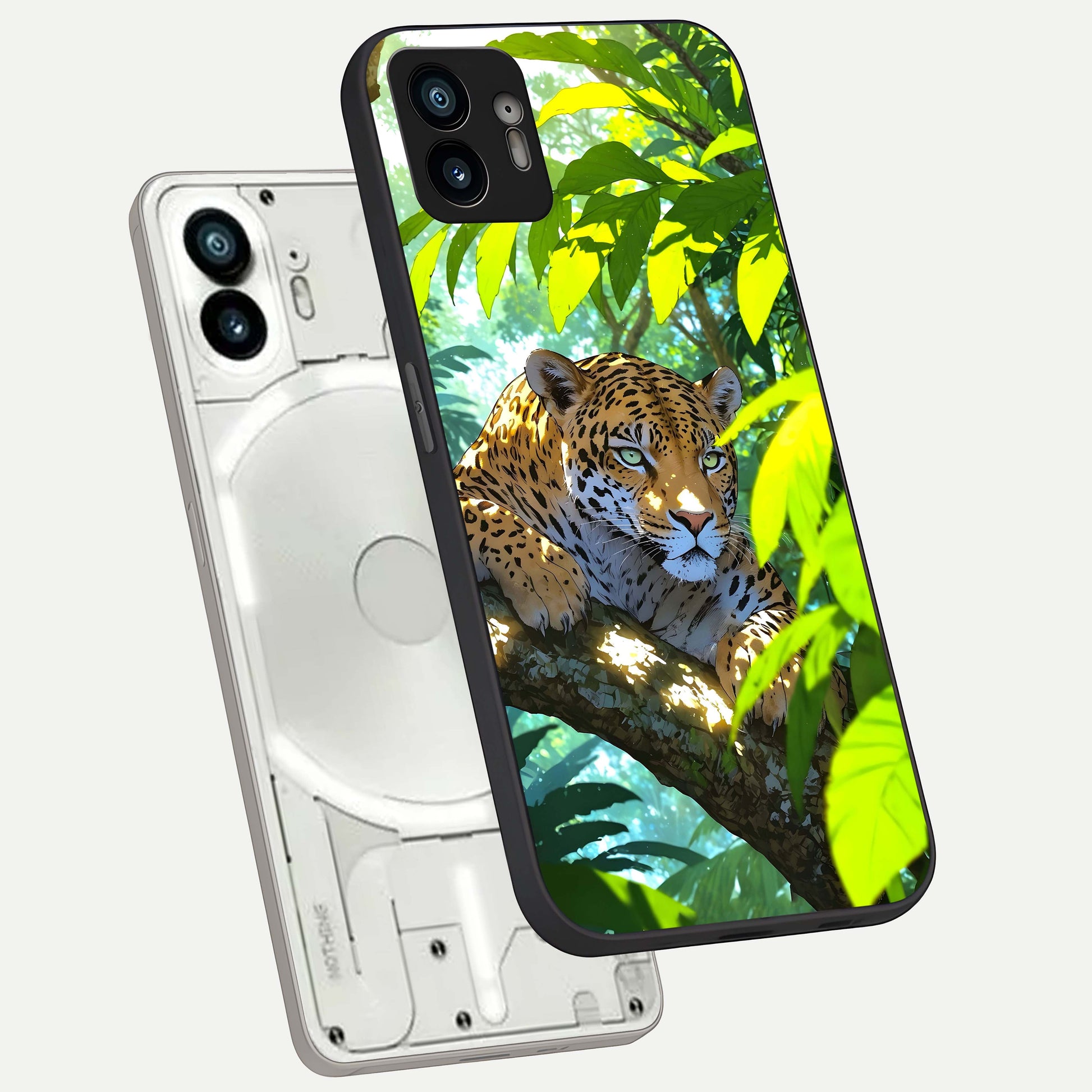  Leopard in Jungle phone case For Nothing Phone 2 showing premium glass back cover with detailed artwork
