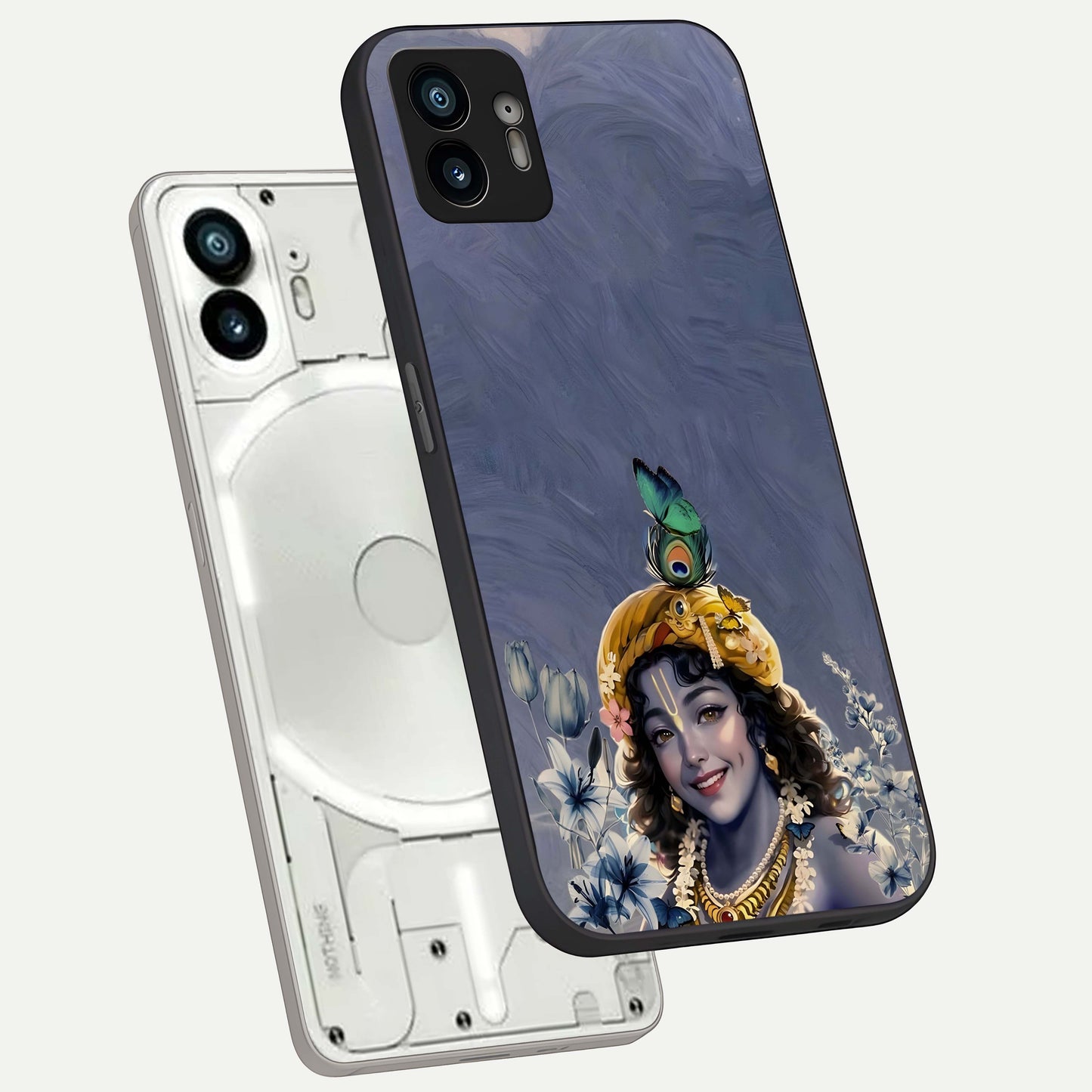  Lord Krishna phone case For Nothing Phone 2 showing premium glass back cover with detailed artwork