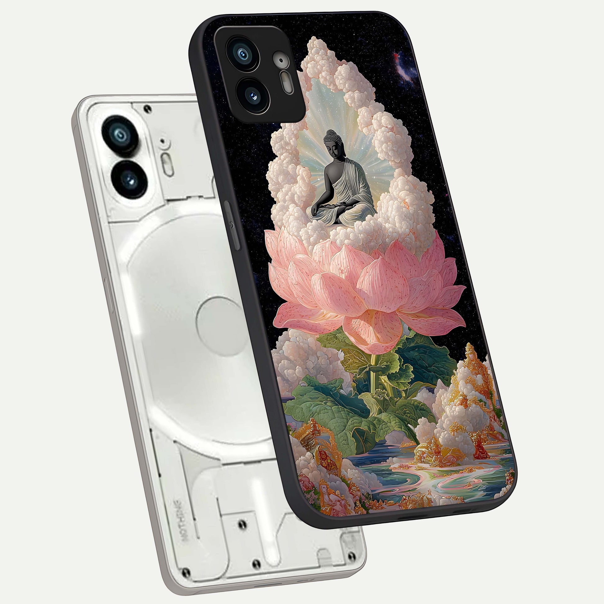  Lotus Divine Peace phone case For Nothing Phone 2 showing premium glass back cover with detailed artwork