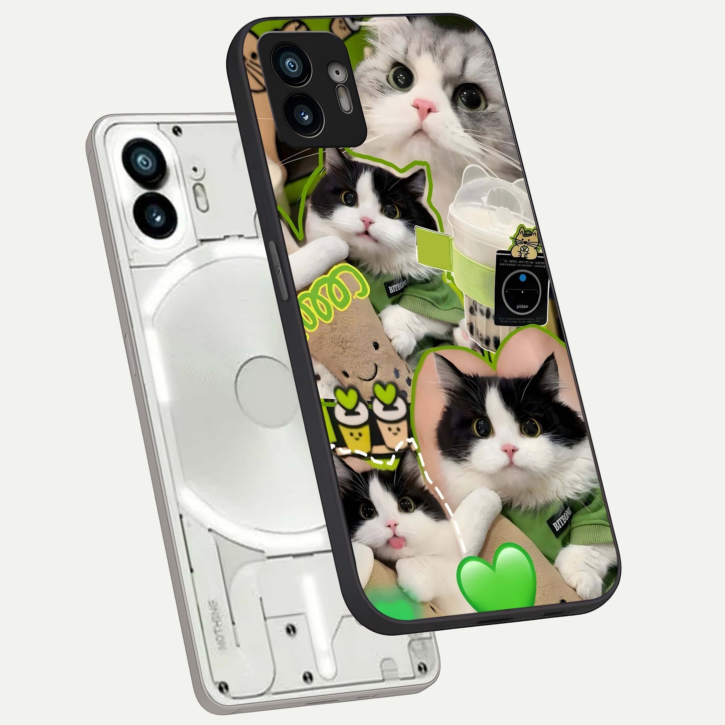  Matcha Cats Mood phone case For Nothing Phone 2 showing premium glass back cover with detailed artwork