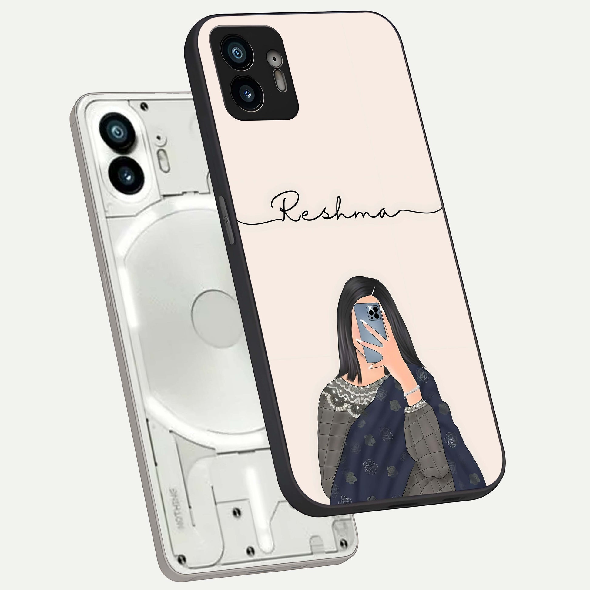  Mirror Mood Muse With Custom Name phone case For Nothing Phone 2 showing premium glass back cover with detailed artwork