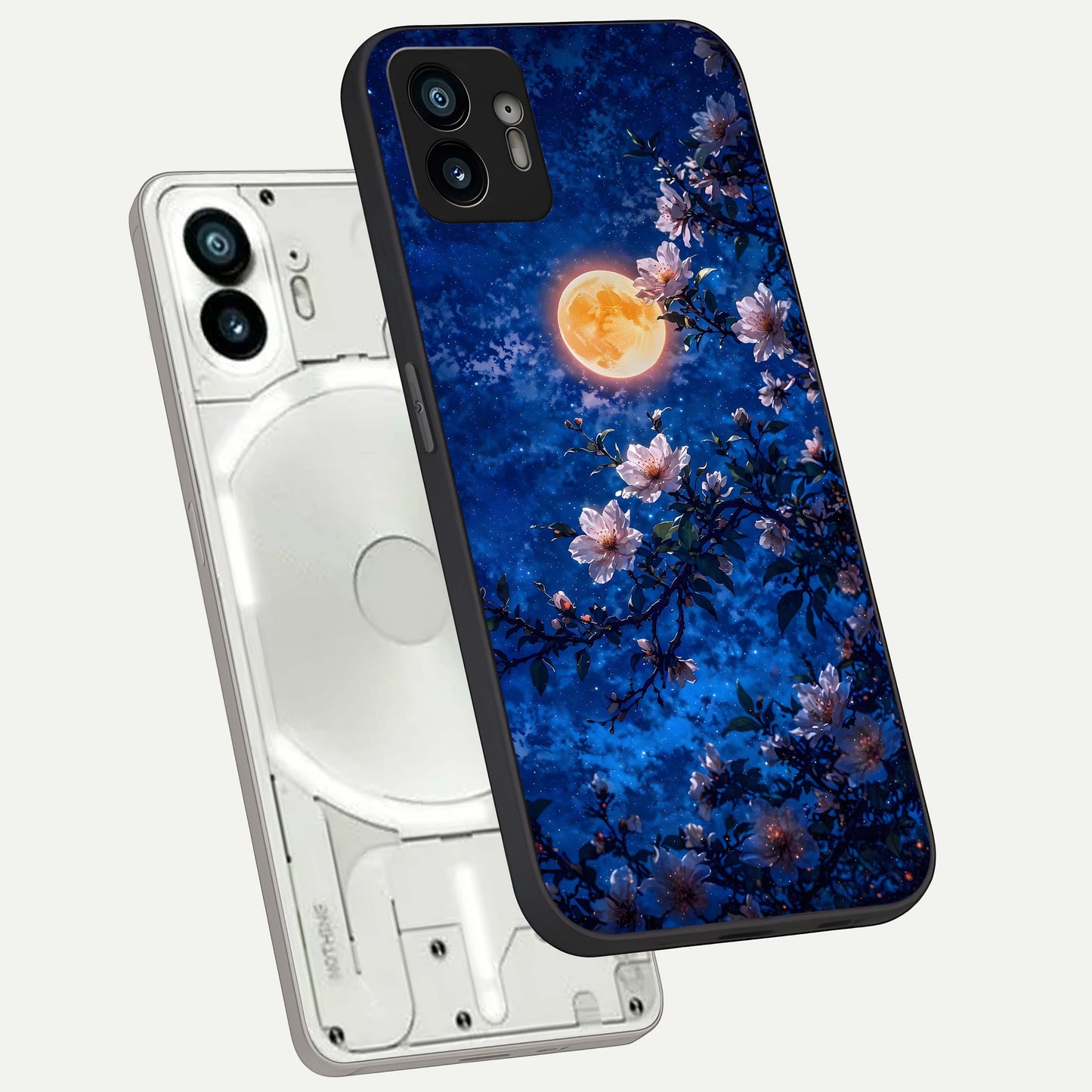  Moonlit Blossoms Night phone case For Nothing Phone 2 showing premium glass back cover with detailed artwork
