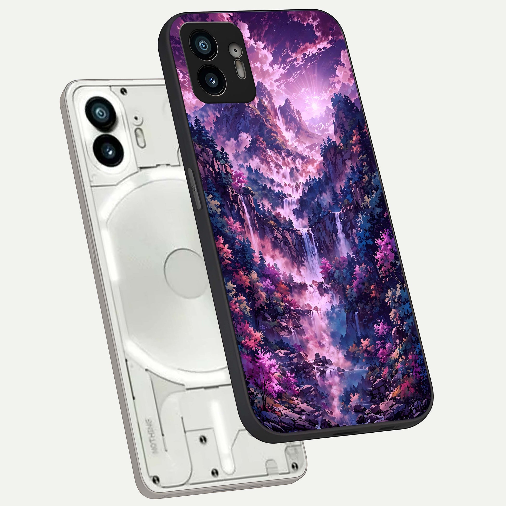  Mystic Cascade Peaks phone case For Nothing Phone 2 showing premium glass back cover with detailed artwork
