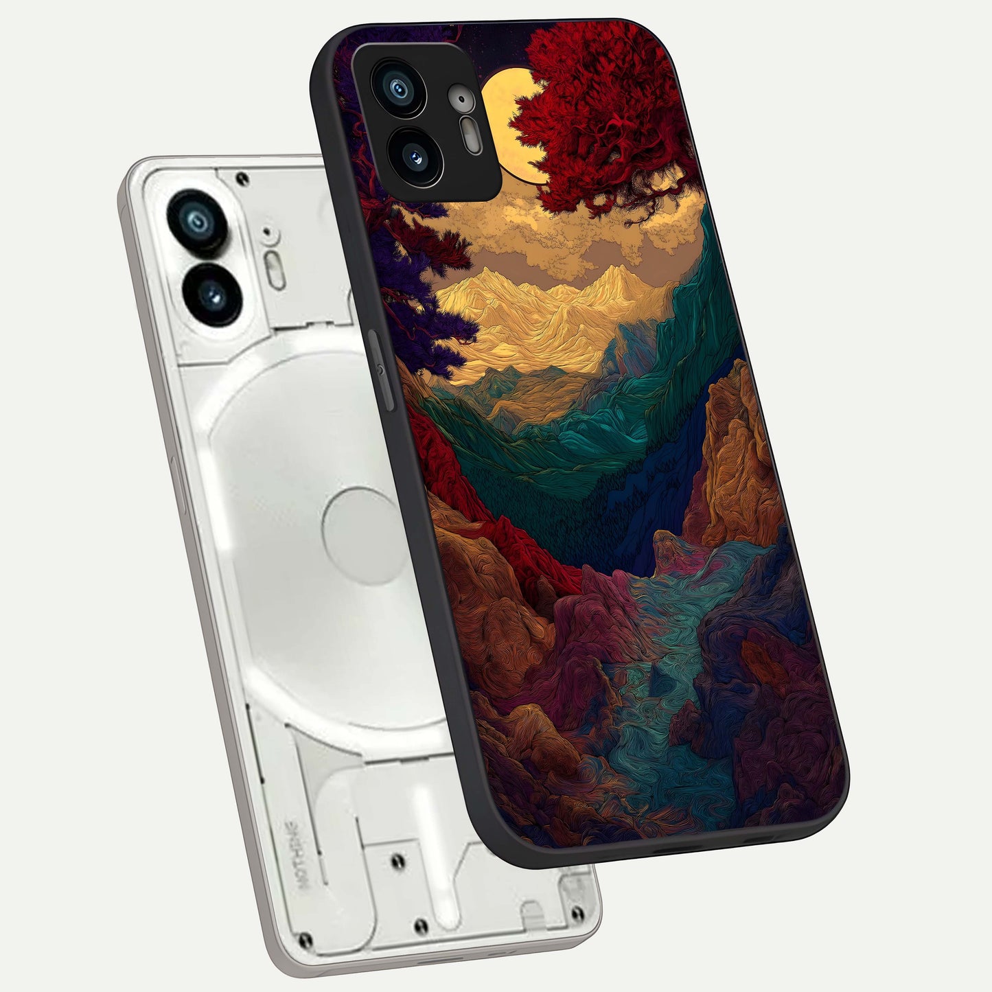  Mystic Valley Light phone case For Nothing Phone 2 showing premium glass back cover with detailed artwork