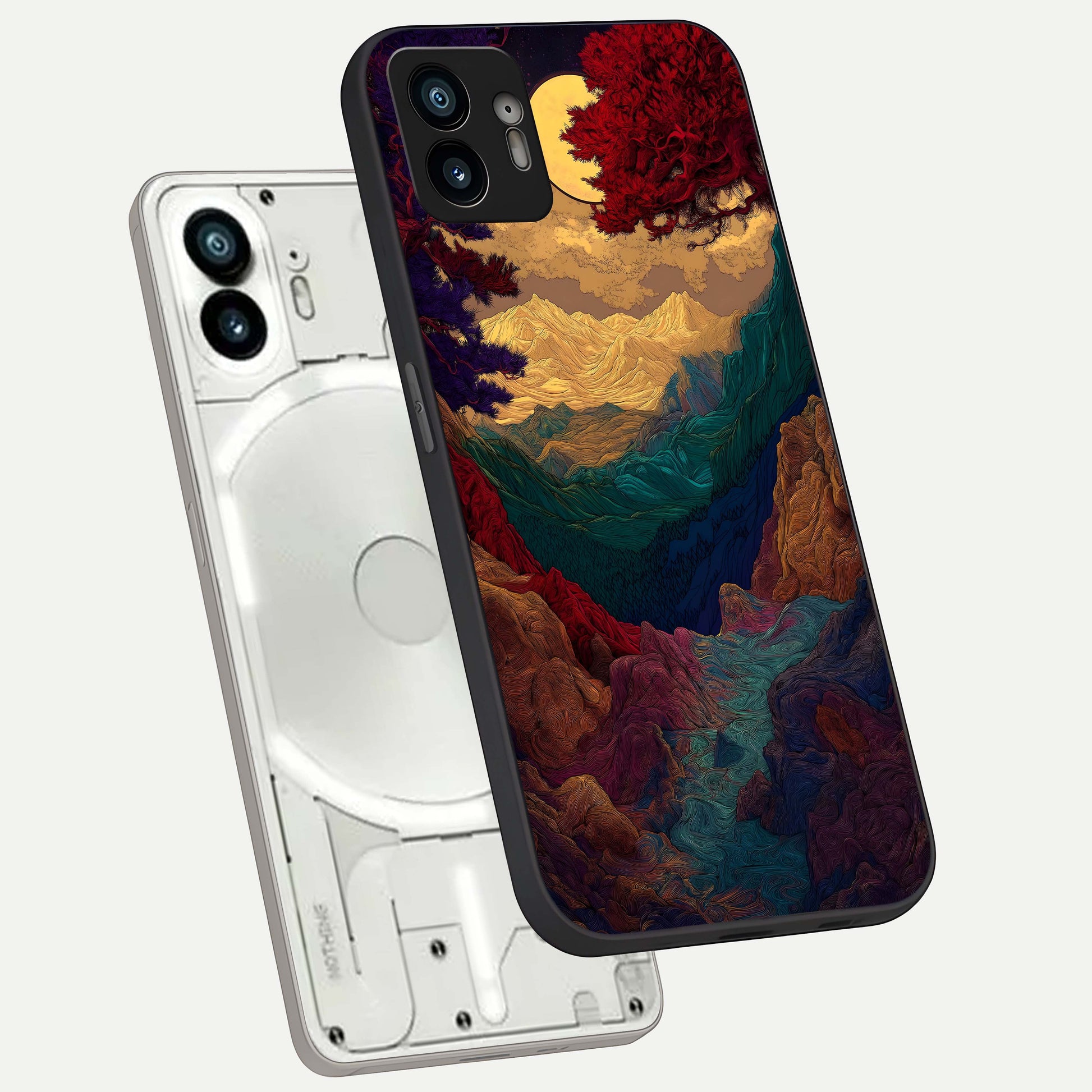  Mystic Valley Light phone case For Nothing Phone 2 showing premium glass back cover with detailed artwork