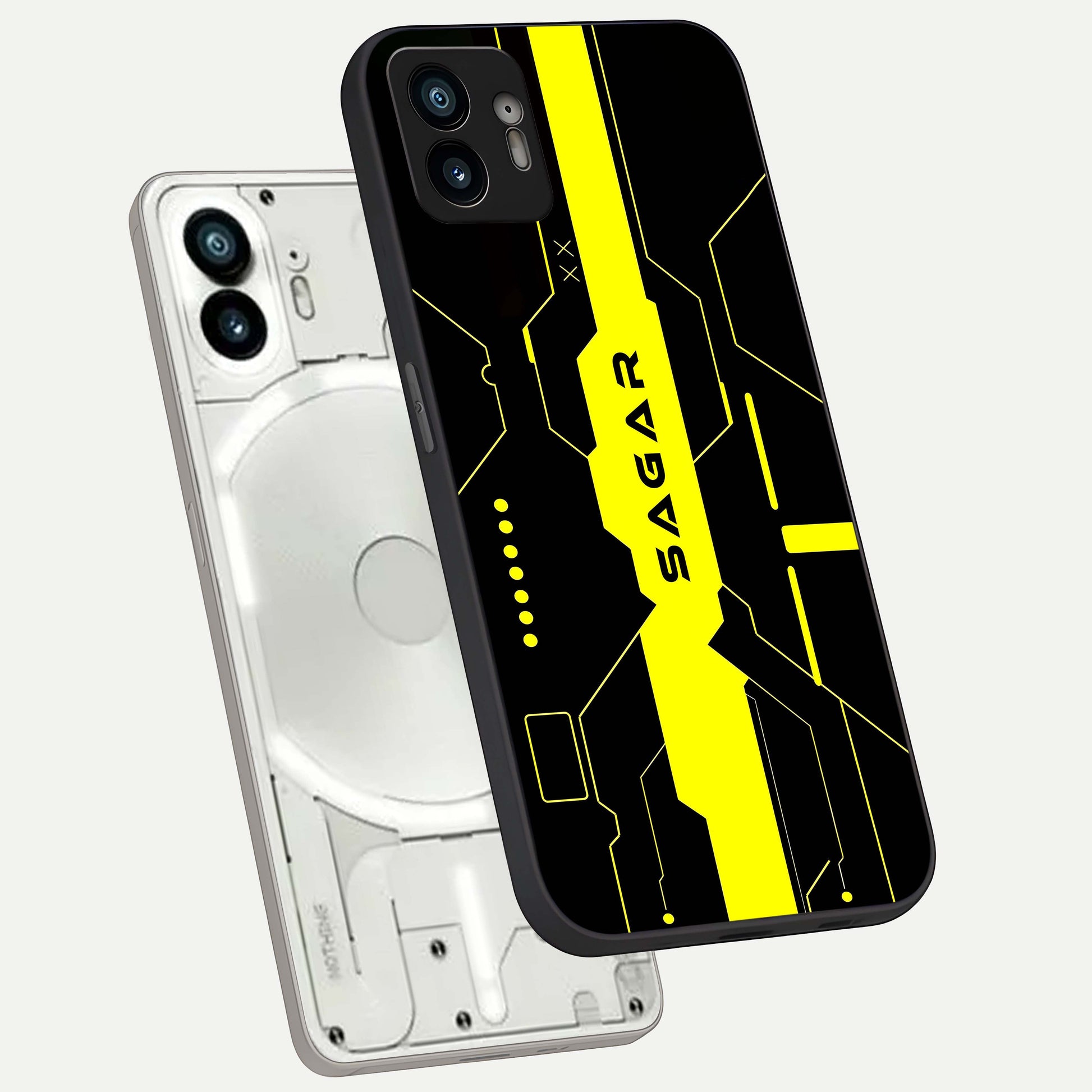  Neon CYBERPUNK Custom Name phone case For Nothing Phone 2 showing premium glass back cover with detailed artwork