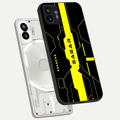  Neon CYBERPUNK Custom Name phone case For Nothing Phone 2 showing premium glass back cover with detailed artwork