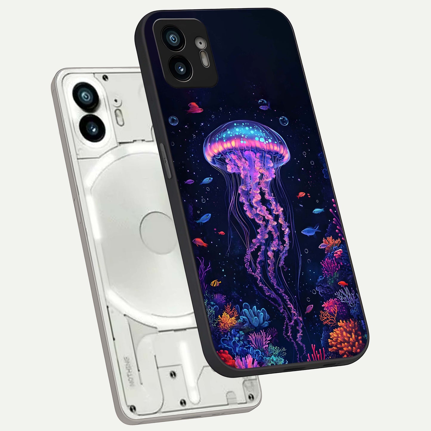  Neon Jellyfish phone case For Nothing Phone 2 showing premium glass back cover with detailed artwork