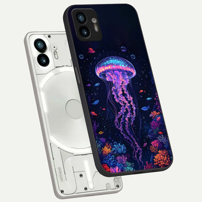  Neon Jellyfish phone case For Nothing Phone 2 showing premium glass back cover with detailed artwork