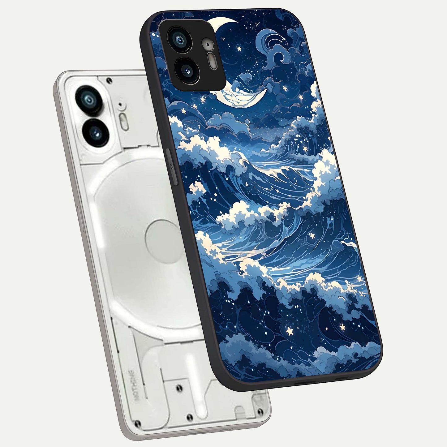  Ocean Moon Waves phone case For Nothing Phone 2 showing premium glass back cover with detailed artwork