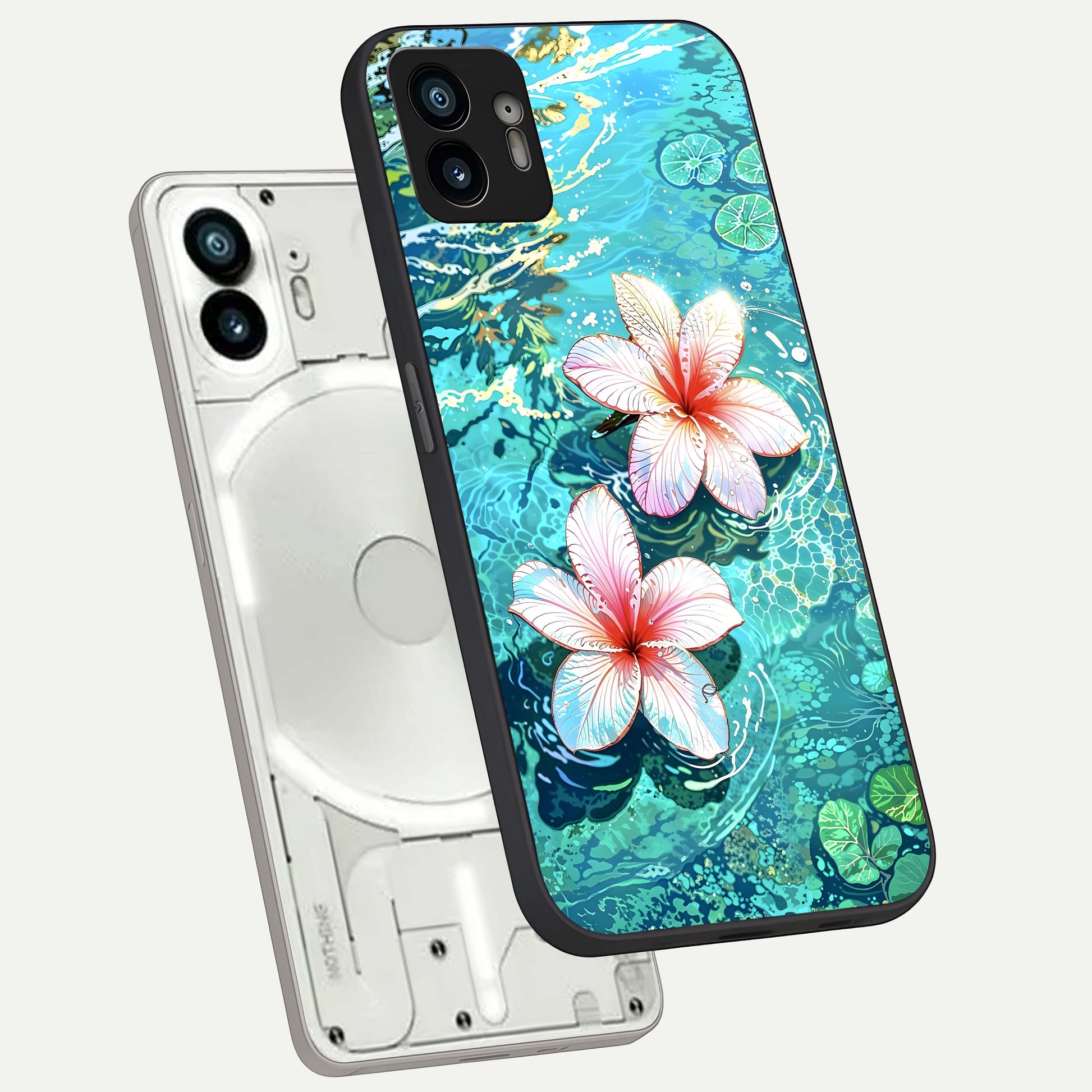 Pink Flowers in Water phone case For Nothing Phone 2 showing premium glass back cover with detailed artwork
