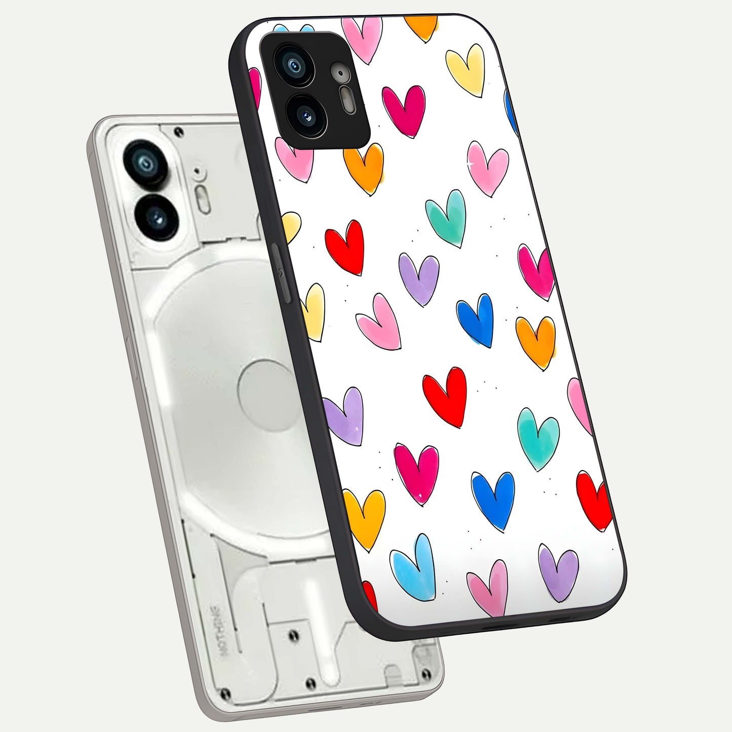  Playful Love Doodles phone case For Nothing Phone 2 showing premium glass back cover with detailed artwork